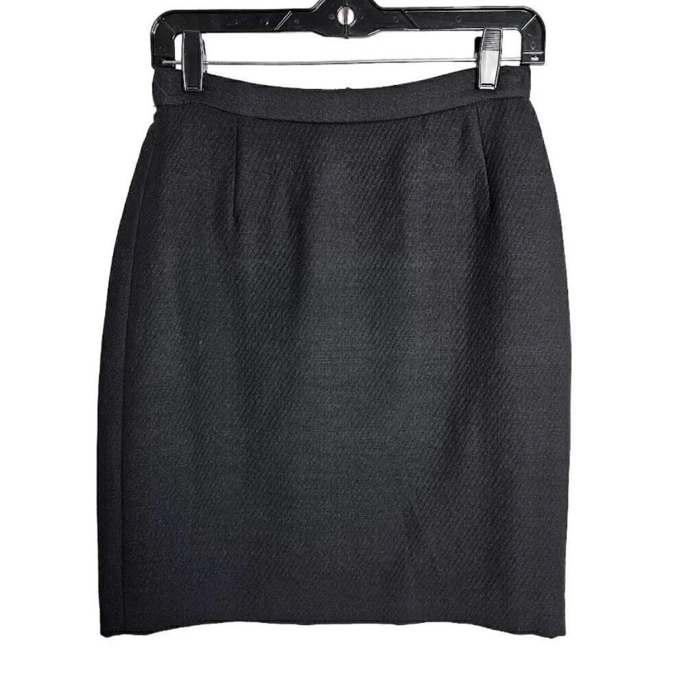 Vintage CALVIN KLEIN 100% Wool Skirt size 6 BLACK Preppy Twee Pencil Straight